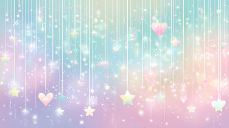 This colorful pastel background features a delightful arrangement of hanging stars and hearts along with sparkles. Ideal for cheerful and whimsical designs.の素材