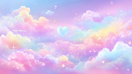 This enchanting illustration features a pastel sky filled with soft clouds and a heart shape, creating a dreamy atmosphere perfect for background design.の素材