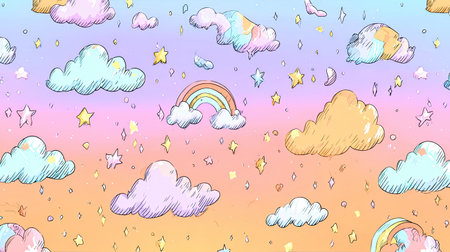 A vibrant illustration featuring a pastel sky filled with whimsical clouds, colorful rainbows, and twinkling stars, creating a dreamy and cheerful atmosphere perfect for creative projects.の素材