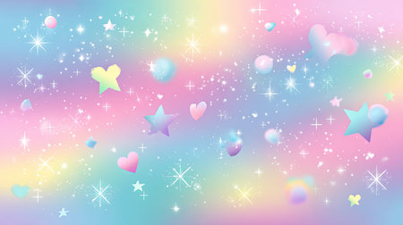This colorful pastel background features shimmering stars and hearts, creating a dreamy and whimsical atmosphere. Perfect for creative projects and designs.の素材