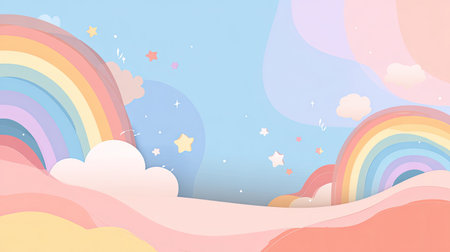 This vibrant illustration showcases a dreamy landscape filled with colorful rainbows, soft clouds, and gentle pastel tones, creating a cheerful and serene atmosphere.の素材
