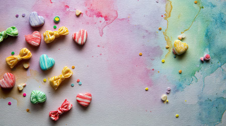 A vibrant arrangement of colorful candy hearts and bows is artfully placed on a soft watercolor background. The pastel shades create a cheerful and playful atmosphere, perfect for festive occasions or creative projects. The image captures the essence of sweetness and joy.の素材