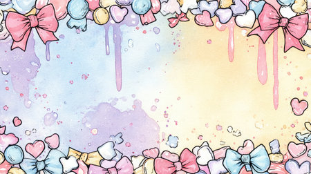 A delightful pastel background featuring bows, hearts, and colorful sweets, perfect for crafting, invitations, and decorative projects. Brighten your designs!の素材