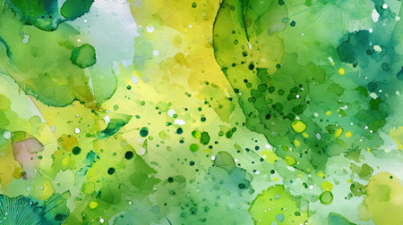 This abstract watercolor design features a dynamic arrangement of green shades and circular patterns, creating a lively and fresh look suitable for various artistic applications.の素材