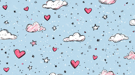 This whimsical background features a light blue sky dotted with hand-drawn clouds, hearts, and stars, creating a playful and cheerful atmosphere perfect for various design projects.の素材