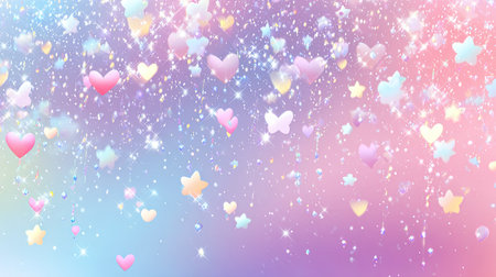 This enchanting pastel background features charming hearts and stars that create a whimsical atmosphere. Perfect for designs focused on creativity and joy.の素材