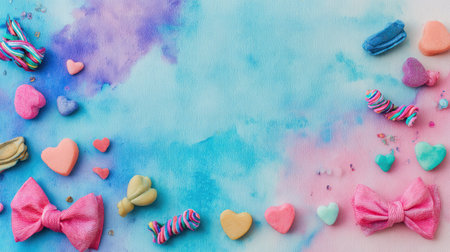 This vibrant pastel background features colorful hearts, bows, and sweet treats, making it perfect for celebrations, parties, and creative projects.の素材