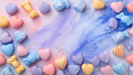 A whimsical arrangement of colorful macarons and candies set against a dreamy purple and pink background, perfect for events, celebrations, and dessert displays.の素材