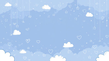 This soft blue sky background features cute clouds, whimsical stars, and hearts, creating a dreamy and playful ambiance perfect for various creative projects.の素材