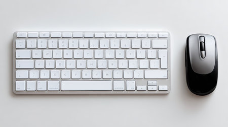 This image features a sleek white wireless keyboard paired with a black mouse, perfect for a modern office setup, blending style and function to enhance productivity.の素材
