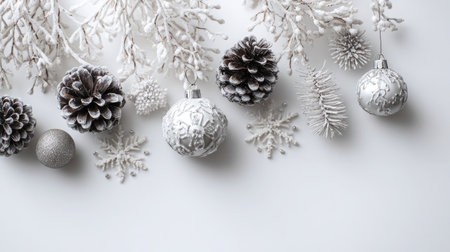 A stunning arrangement of silver ornaments, pinecones, and snowflakes creates an elegant winter decor scene on a white background, evoking holiday spirit.の素材