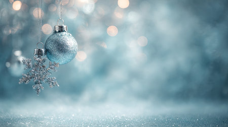 A beautiful blue Christmas ornament hangs delicately next to a shimmering snowflake, creating a serene winter scene with a blurred bokeh background.の素材