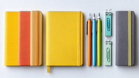 This vibrant flat lay showcases colorful notebooks and stationery supplies ideal for creative projects and organized workspaces, emphasizing creativity and efficiency.の素材