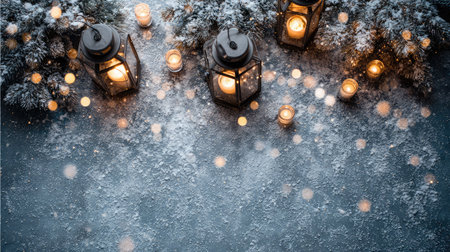 A serene winter scene featuring glowing lanterns and flickering candles resting on a bed of snow. This cozy setting embodies a tranquil holiday atmosphere ideal for seasonal decor.の素材