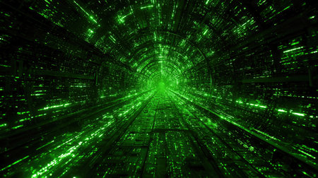 This striking image features a futuristic digital tunnel filled with glowing green data streams, creating an immersive atmosphere. Ideal for technology or virtual reality themes.の素材