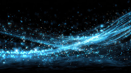 This stunning abstract image features dynamic light trails and glowing particles against a dark backdrop, perfect for enhancing creative projects.の素材