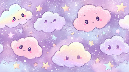 A vibrant and whimsical illustration featuring cute, smiling clouds against a pastel sky filled with colorful stars. Perfect for children's rooms or playful designs.の素材