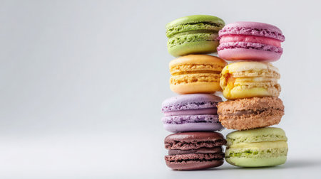 Delight in a stack of colorful French macarons showcasing a variety of flavors against a soft gray background, perfect for food styling and dessert themes.の素材