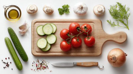 A vibrant arrangement of fresh vegetables, herbs, and olive oil on a wooden cutting board, perfect for creating delicious and healthy meals.の素材