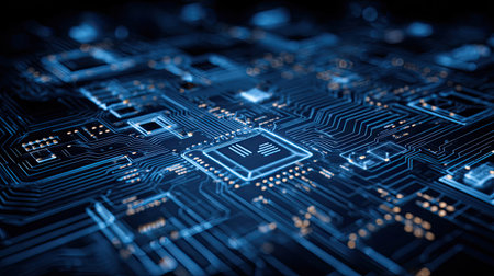 Explore a captivating close-up of a circuit board showcasing intricate microchip designs and luminous blue LED lights against a dark background.の素材