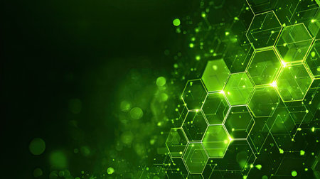 This image features an abstract green background composed of glowing hexagons and bokeh effects, ideal for technology, nature, and innovative concepts.の素材