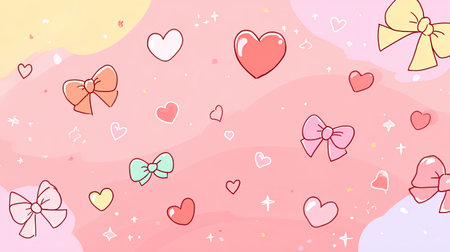 This vibrant pastel background features hearts and bows, creating a playful and charming design perfect for festive decorations and joyful themes.の素材