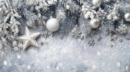 A beautiful arrangement of frosted pine branches adorned with shimmering ornaments and stars, creating a magical winter wonderland ambiance perfect for celebrations.の素材