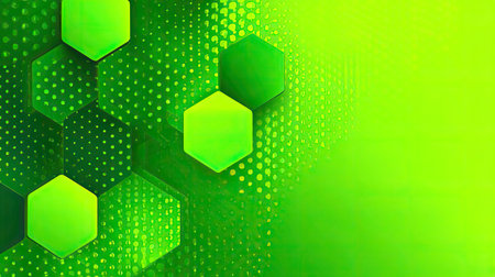 This abstract background features a vibrant green hexagonal pattern with dynamic textures, providing a fresh and modern look for various design projects.の素材