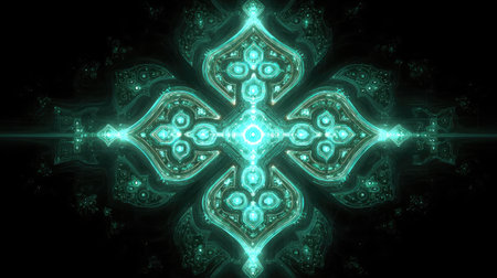 This captivating abstract design features intricate patterns with glowing elements, creating a vibrant kaleidoscope effect in stunning neon shades on a dark backdrop.の素材