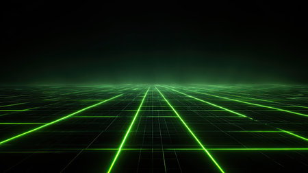 A captivating futuristic digital landscape featuring intersecting green grid lines against a dark backdrop, perfect for technology, science, and abstract visual projects.の素材