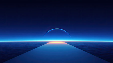 A mesmerizing futuristic landscape featuring a calm sea, glowing horizon, and a serene sky, perfect for evoking tranquility and inspiration.の素材