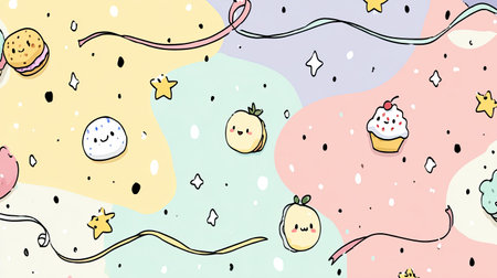 This delightful fabric design features a whimsical collection of cute desserts like cupcakes and cookies against a soft pastel background, creating a joyful and playful atmosphere.の素材