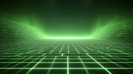This image depicts a surreal and futuristic landscape featuring a glowing green grid and vibrant horizon, perfect for technology-themed projects and digital art.の素材