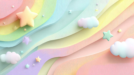 This vibrant abstract background features pastel clouds and stars flowing over gentle waves of color, perfect for creative projects and digital art.の素材