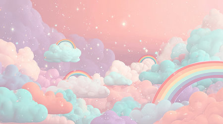 A whimsical and dreamy pastel sky adorned with fluffy clouds and delicate rainbows. This enchanting scene invites creativity and joy, ideal for various artistic projects.の素材