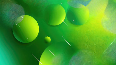 This abstract green background features floating circles and soft light effects, creating a serene and vibrant atmosphere ideal for various design projects.の素材