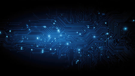 This image showcases an abstract blue circuit board design with glowing elements set against a dark background. It captures the essence of modern technology and innovation, emphasizing intricate digital patterns and connections.の素材