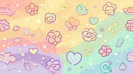 This vibrant abstract background features hand-drawn doodles of flowers, hearts, and butterflies against soft pastel hues, creating a whimsical and cheerful atmosphere.の素材
