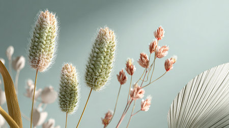 This captivating image features an elegant arrangement of dried plants and grasses set against a soft pastel background, perfect for home decor inspiration.の素材