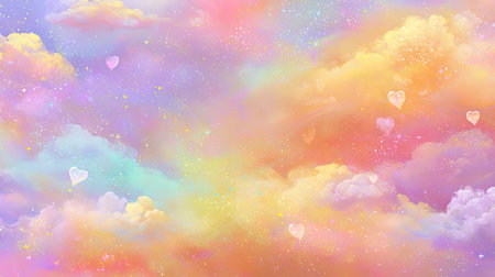 A colorful, dreamy background featuring soft pastel clouds adorned with hearts and sparkles, perfect for creative designs, cards, or wallpaper.の素材