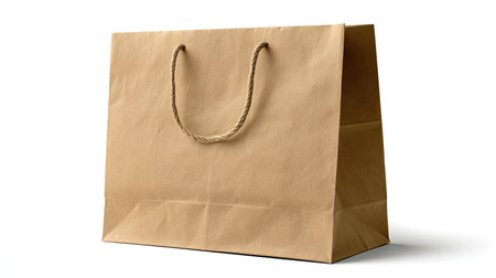 A simple, eco-friendly brown paper shopping bag with twisted rope handles on a clean white background, ideal for retail or gift giving. Perfect for sustainable packaging solutions.の素材