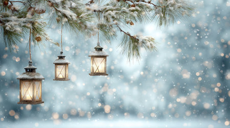 A charming winter scene with vintage lanterns hanging from frosted pine branches, softly illuminated against a dreamy backdrop of falling snow and bokeh lights.の素材