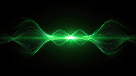 This captivating abstract graphic showcases smooth green light waves flowing gracefully against a dark background, evoking a sense of energy and dynamism.の素材