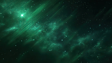 Enchanting green cosmic nebula spreads across a dark sky, illuminated by distant stars and soft light rays, evoking a sense of wonder and tranquility.の素材