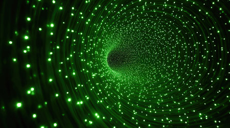 A mesmerizing spiral tunnel filled with glowing green lights creates a captivating and futuristic abstract scene, perfect for imaginative designs and projects.の素材