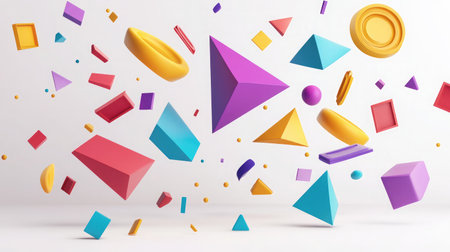 A D render of geometric shapes in vibrant colors floating over a white backgroundの素材