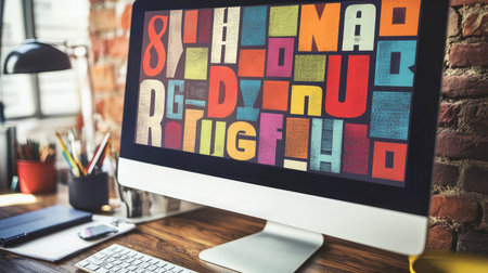 A computer monitor displaying typography design software with colorful fonts on the screenの素材