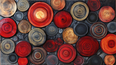 Artistic composition of circular wood slices with varied grain patternsの素材