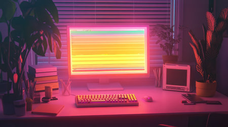 A desk setup featuring a glowing screen with color correction tools and palettesの素材