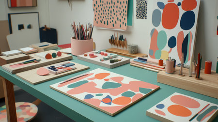 A creative desk setup with organized design tools and colorful mood boardsの素材